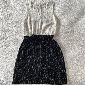 LOFT Dress 6P Petite Black White Polka Dot Ruffle Collar Belted Lined Blouson